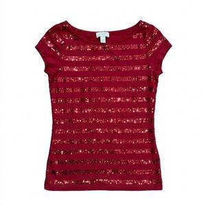 LOFT Red Sequin Stripe Boat Neck Top | Festive Sparkle Holiday Tee - Size Small